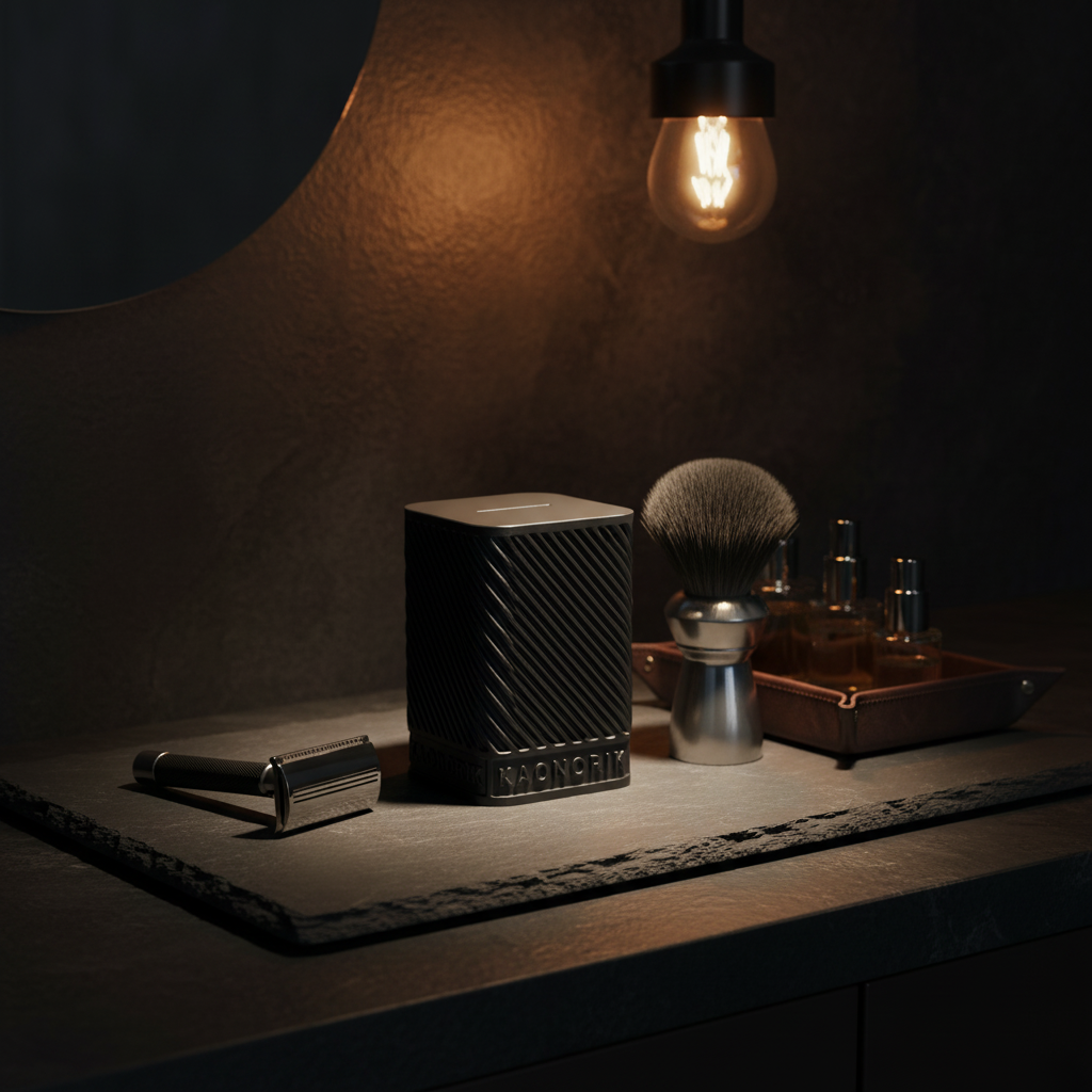 Shaving set with a black soap bar holder, brush, and razor on a dark surface with a warm light bulb in the background.