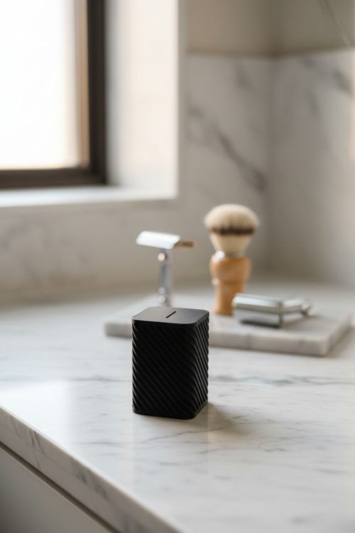 Black textured blade bank container on a marble countertop with shaving tools in the background