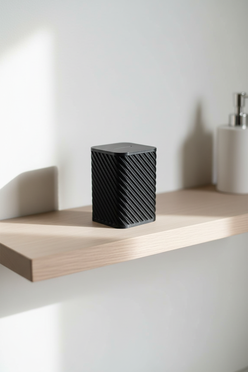 Black textured blade bank container on a wooden shelf against a white wall